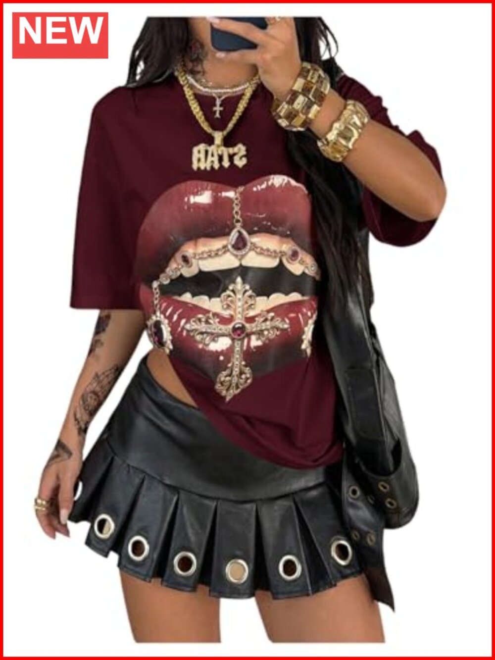 Y2K Graphic Tee Women's Lips Print Crew Neck Loose Fit Half Sleeve T-Shirt